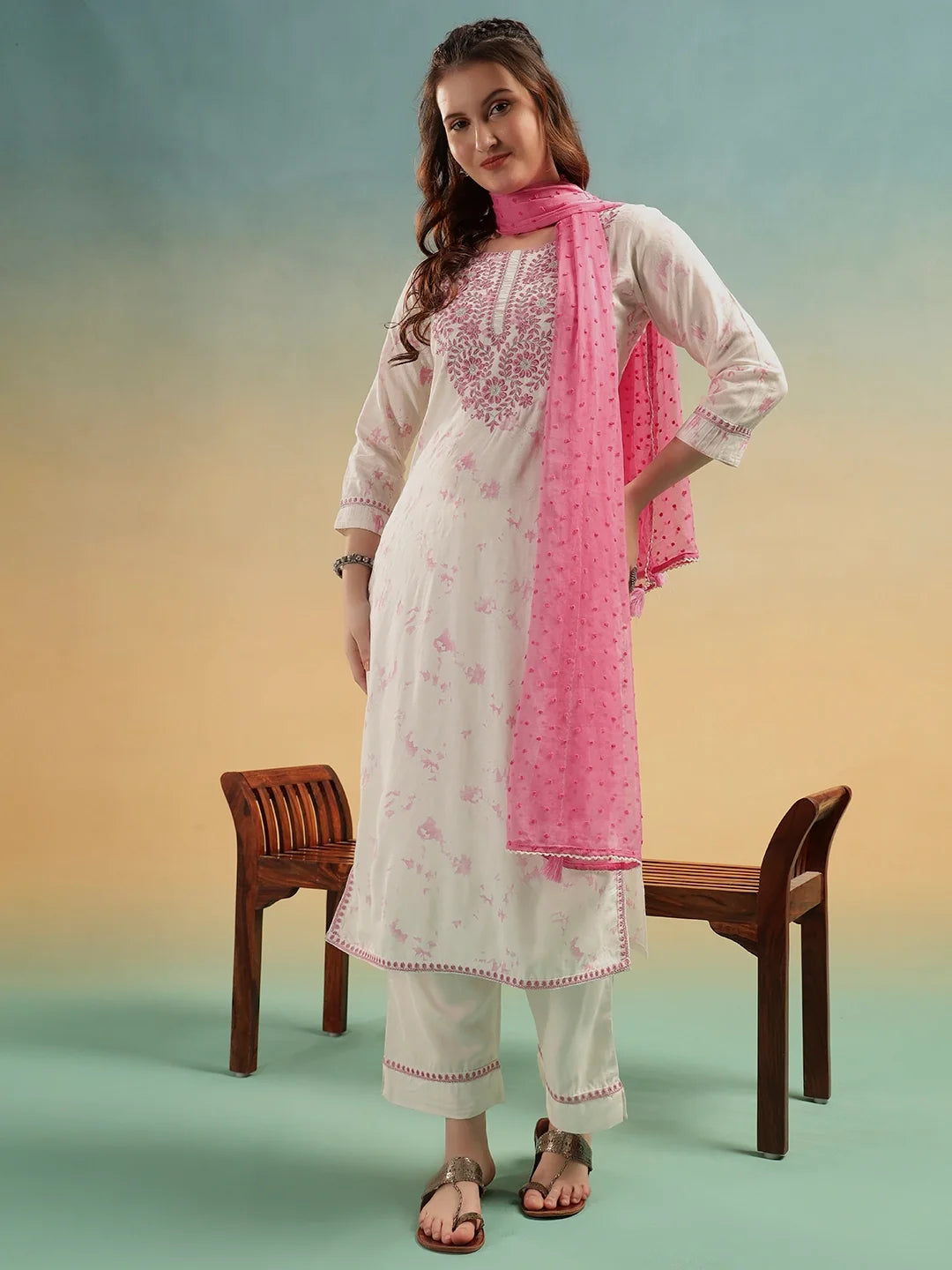 Aafreen Ivory Embroidered Cotton Straight Suit Set