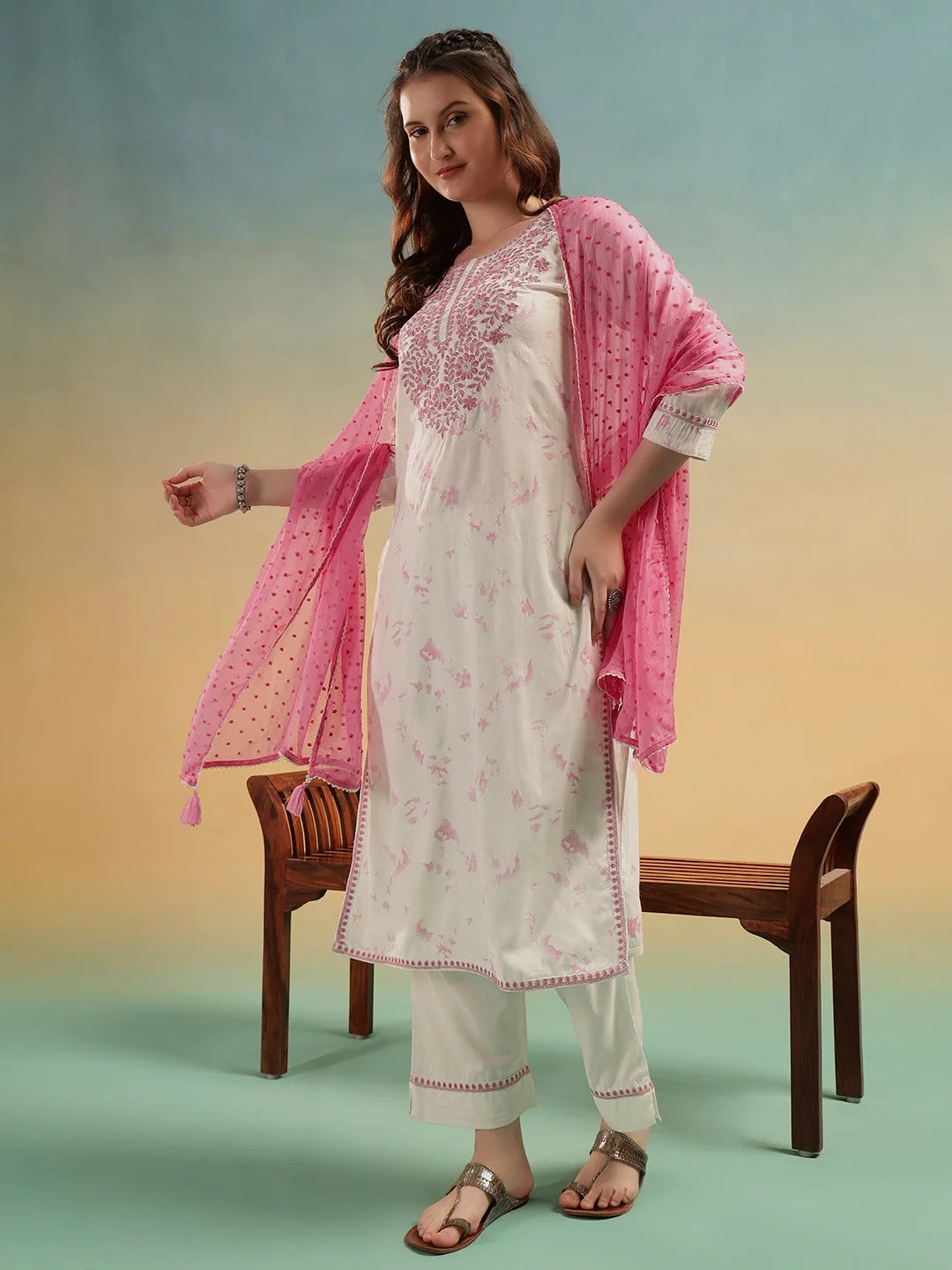 Aafreen Ivory Embroidered Cotton Straight Suit Set