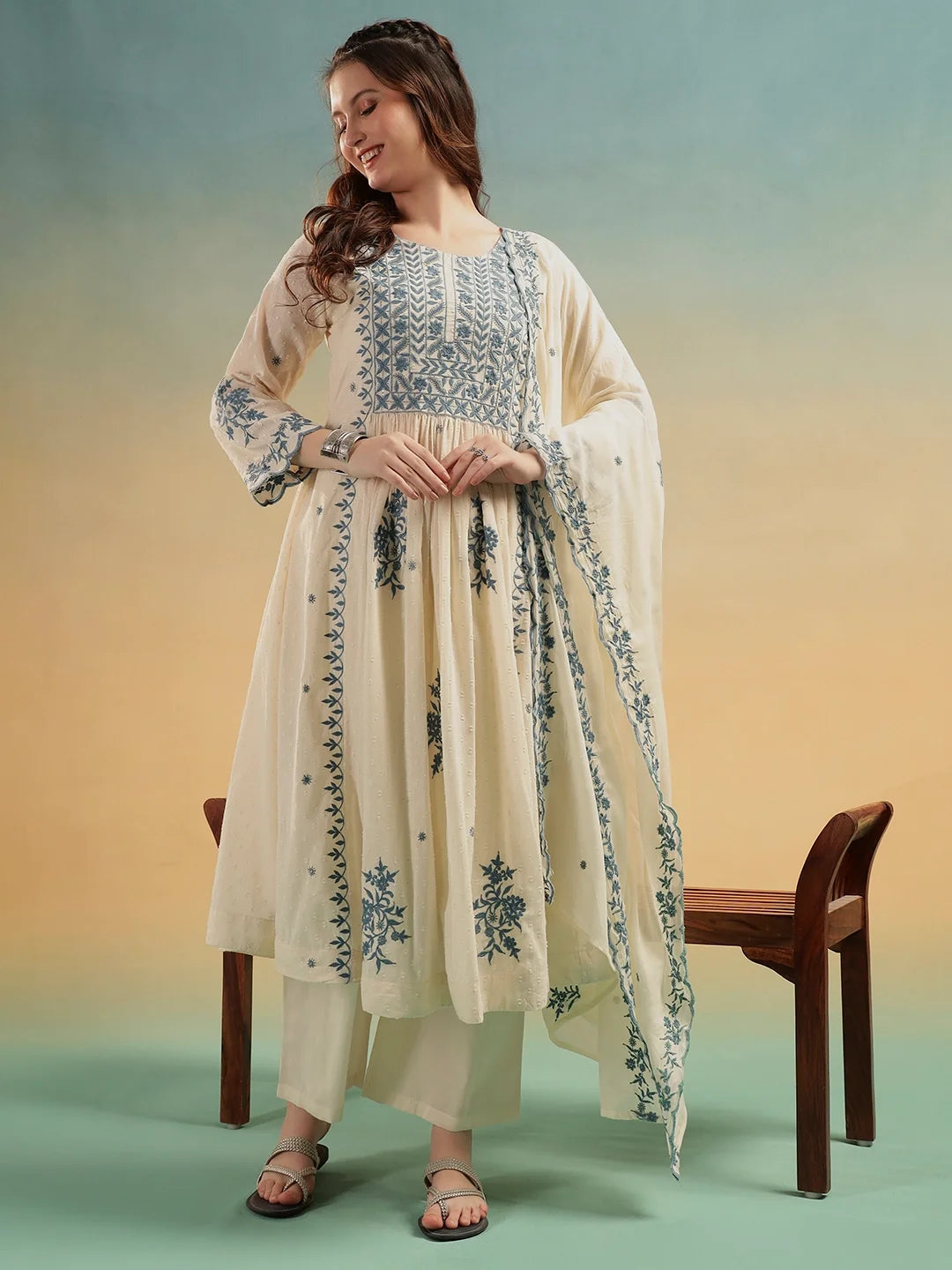 Noor Cream Embroidered Cotton A-Line Suit Set