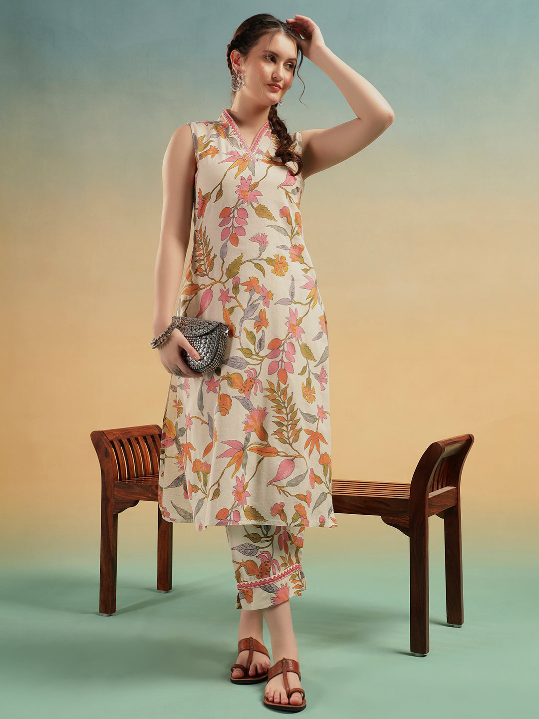 Gulnaar Cream Floral Cotton Kurti Set
