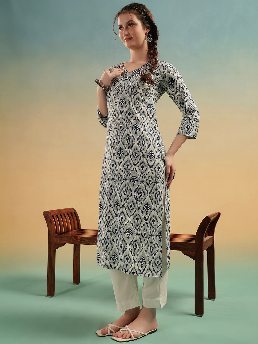 Grey Ikat Print Pure Cotton Straight Kurta