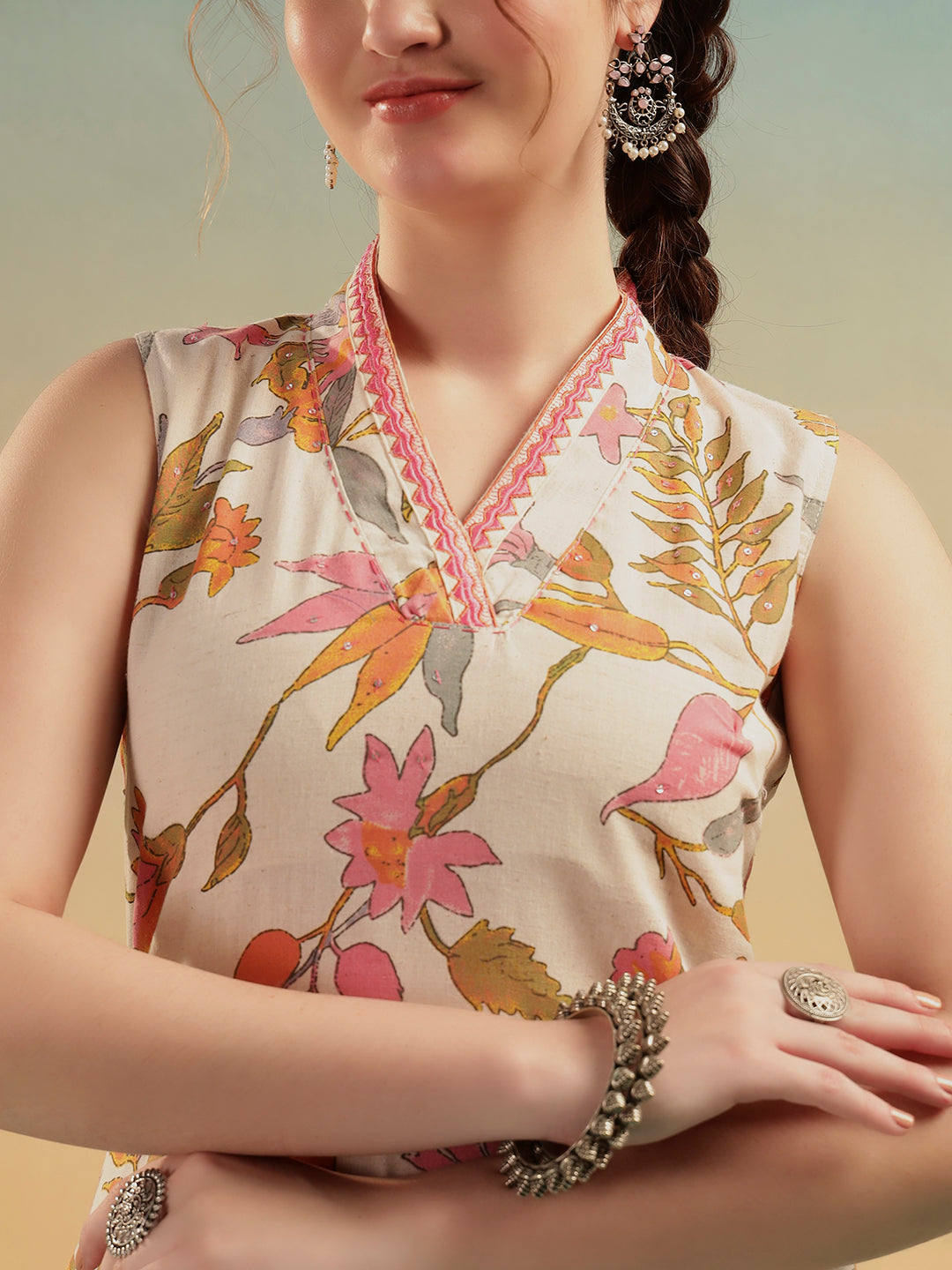 Gulnaar Cream Floral Cotton Kurti Set