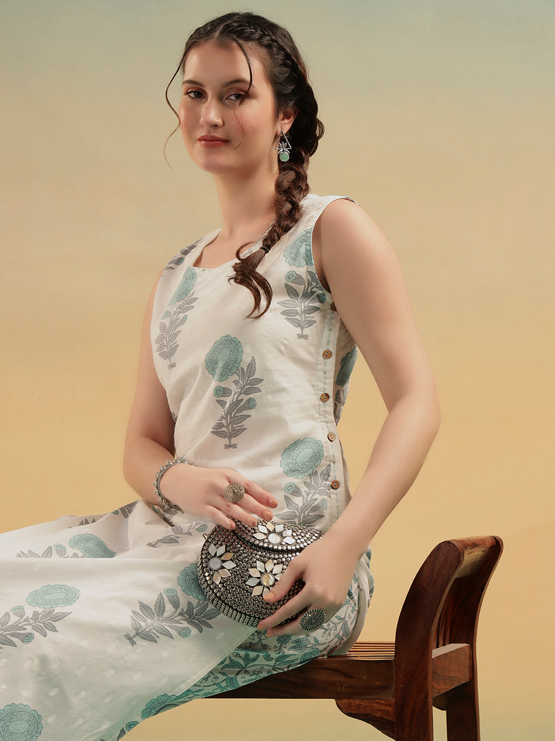 White Sge BlueFloral Print Cotton Kurta Pant Set