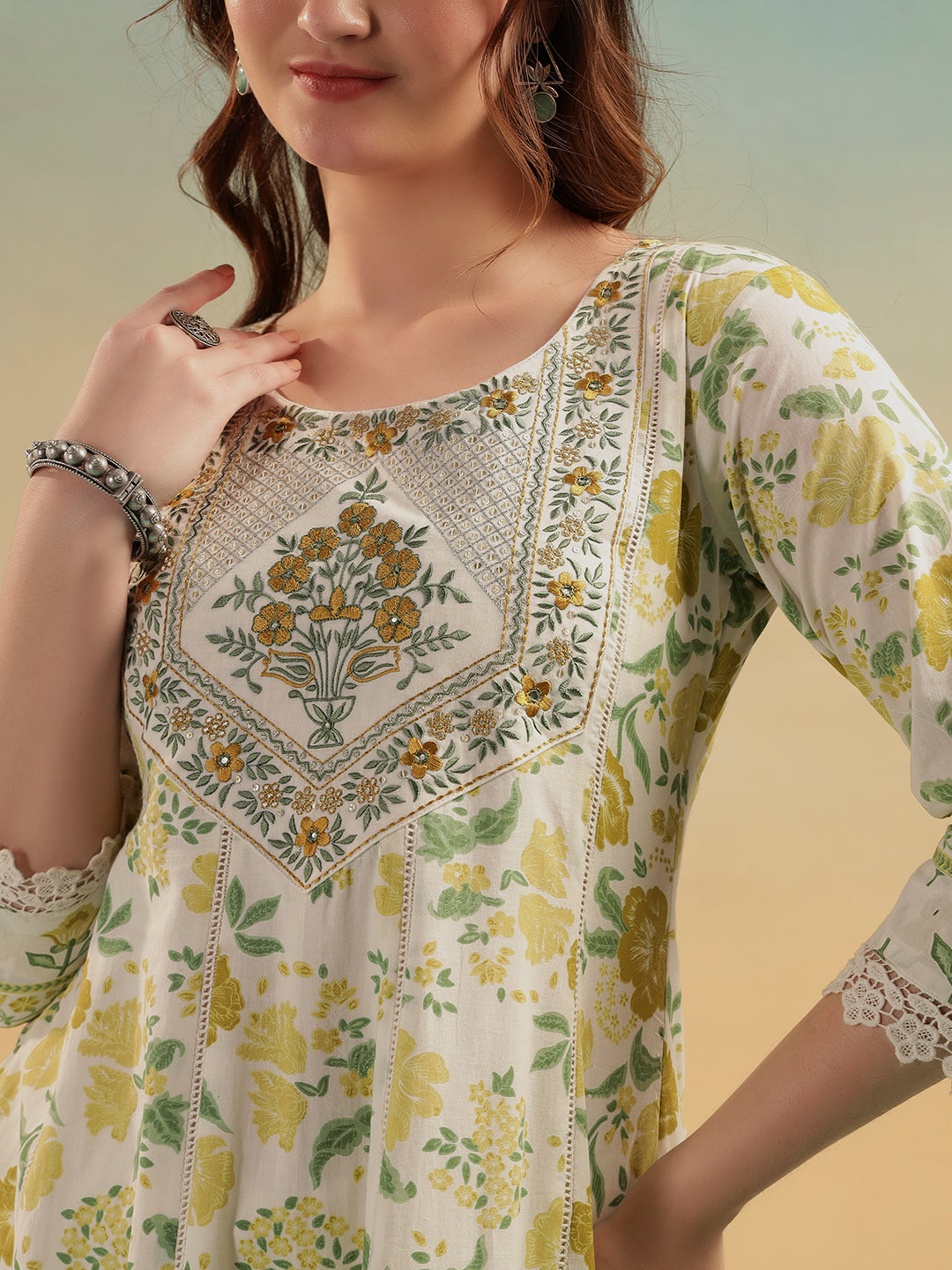 Gulnaar Cream Jaipur Handblock Cotton A-Line Suit Set