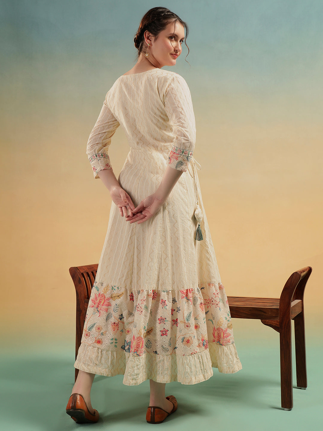 Ivory Mulmul Cotton Embroidered Long Ethnic Dress