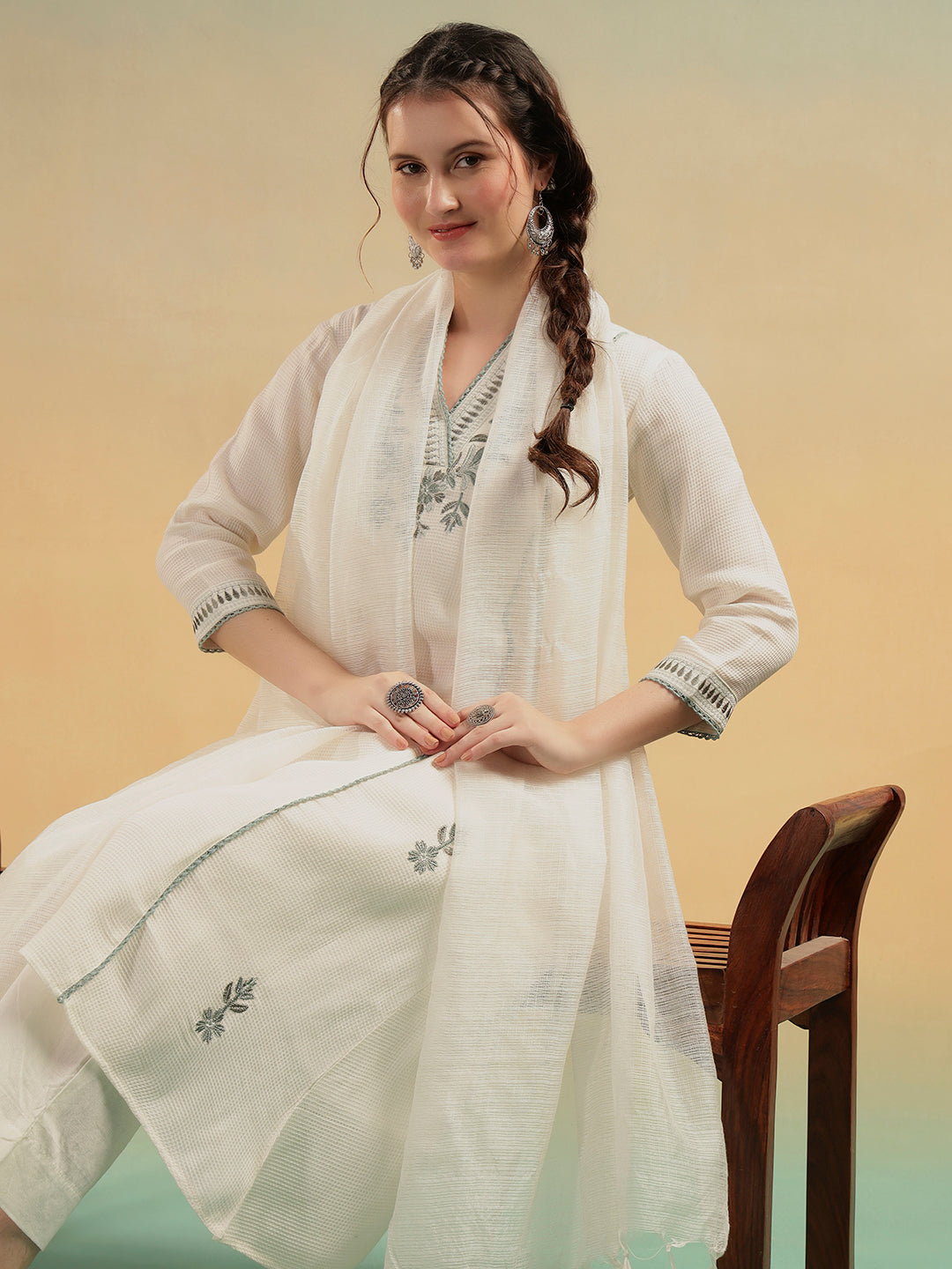 Ivory Embroidered Cotton Dobby Kurta Pant Dupatta Set