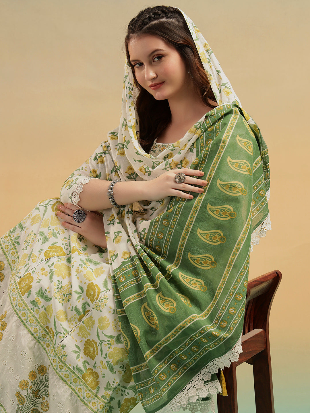 Gulnaar Cream Jaipur Handblock Cotton A-Line Suit Set