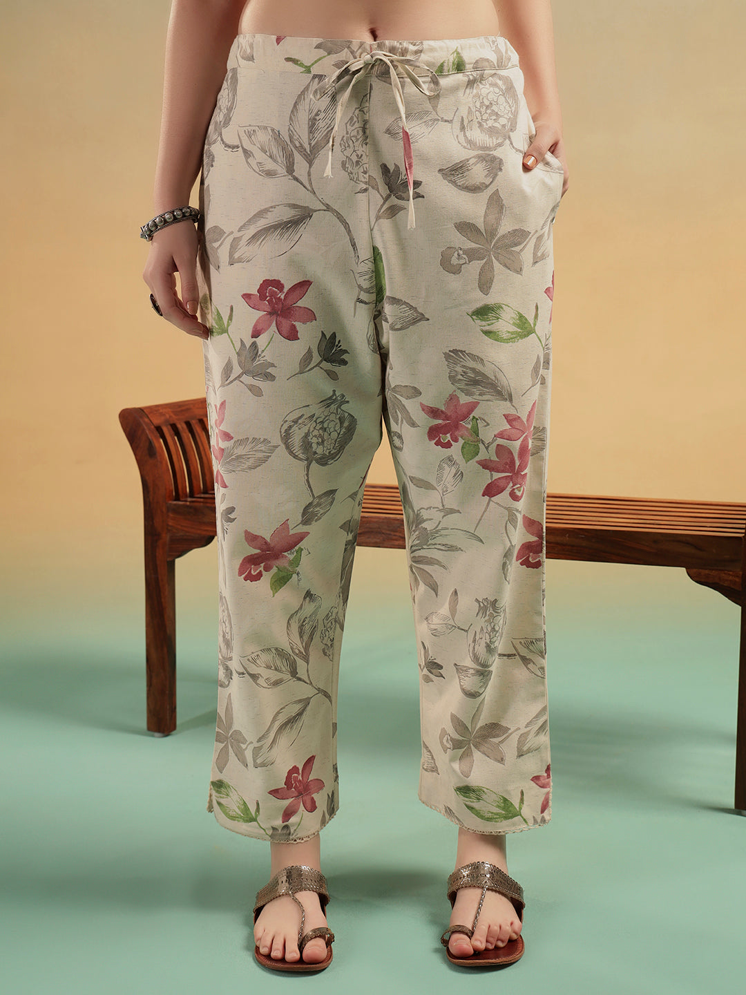 Ivory Floral Cotton Kurta Pant Set