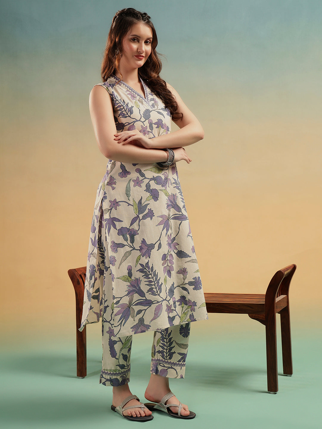 White Blue Floral Print Cotton Kurta Pant Set