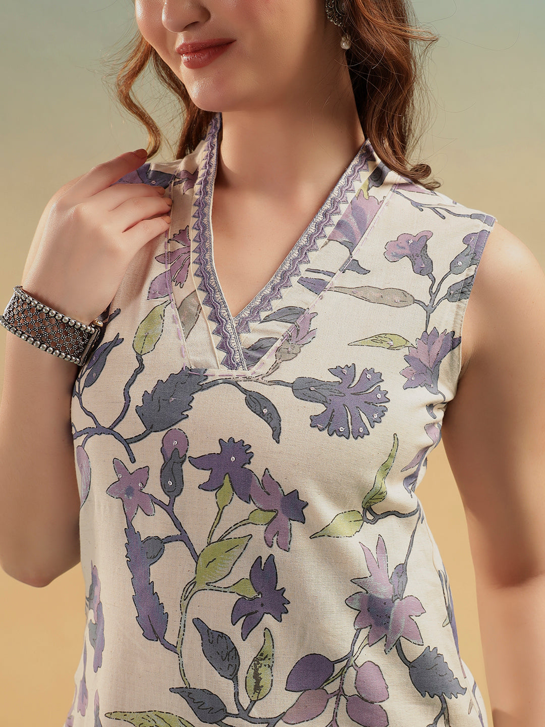 White Blue Floral Print Cotton Kurta Pant Set