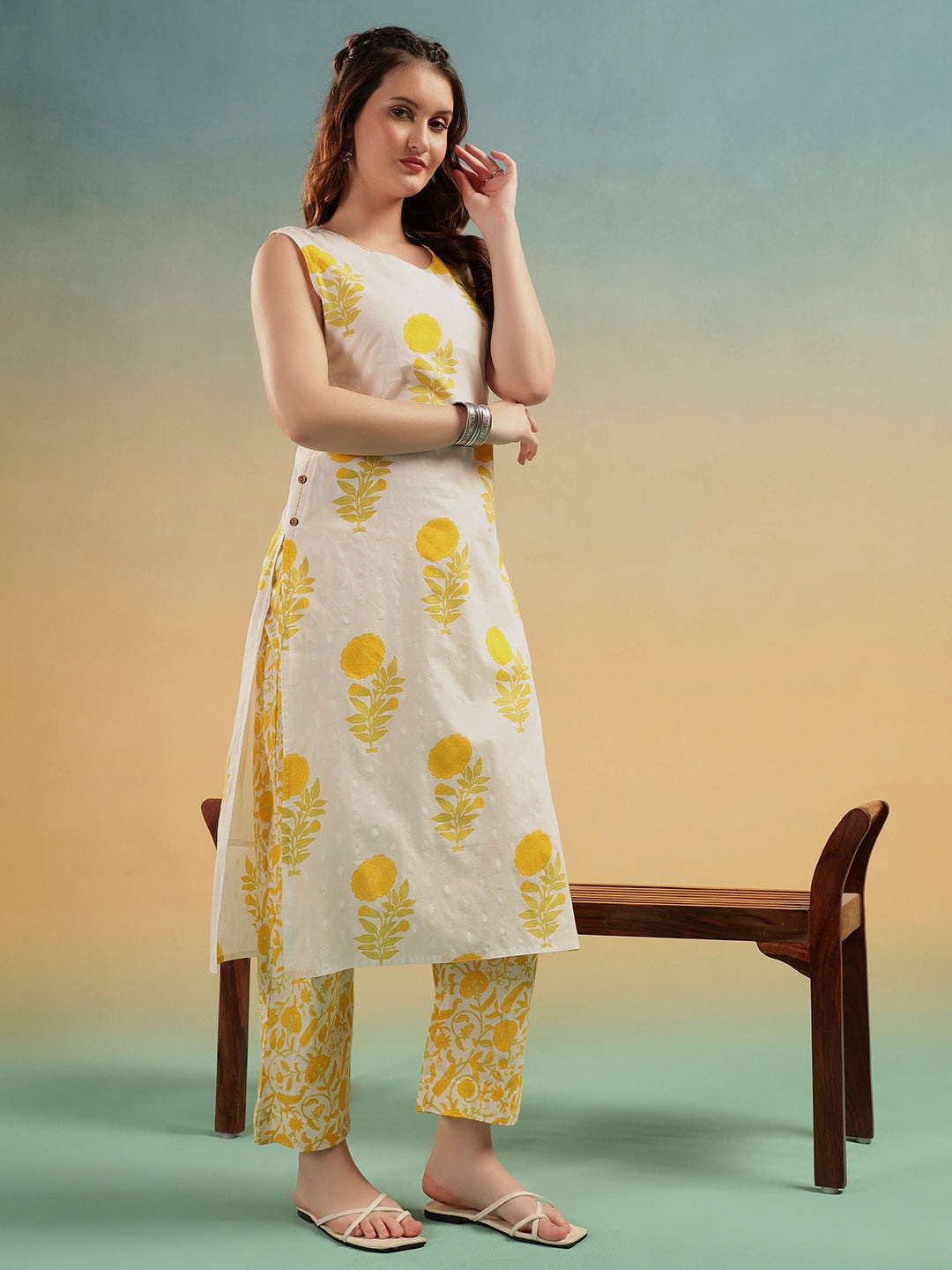 White Yellow Floral Print Cotton Kurta Pant Set