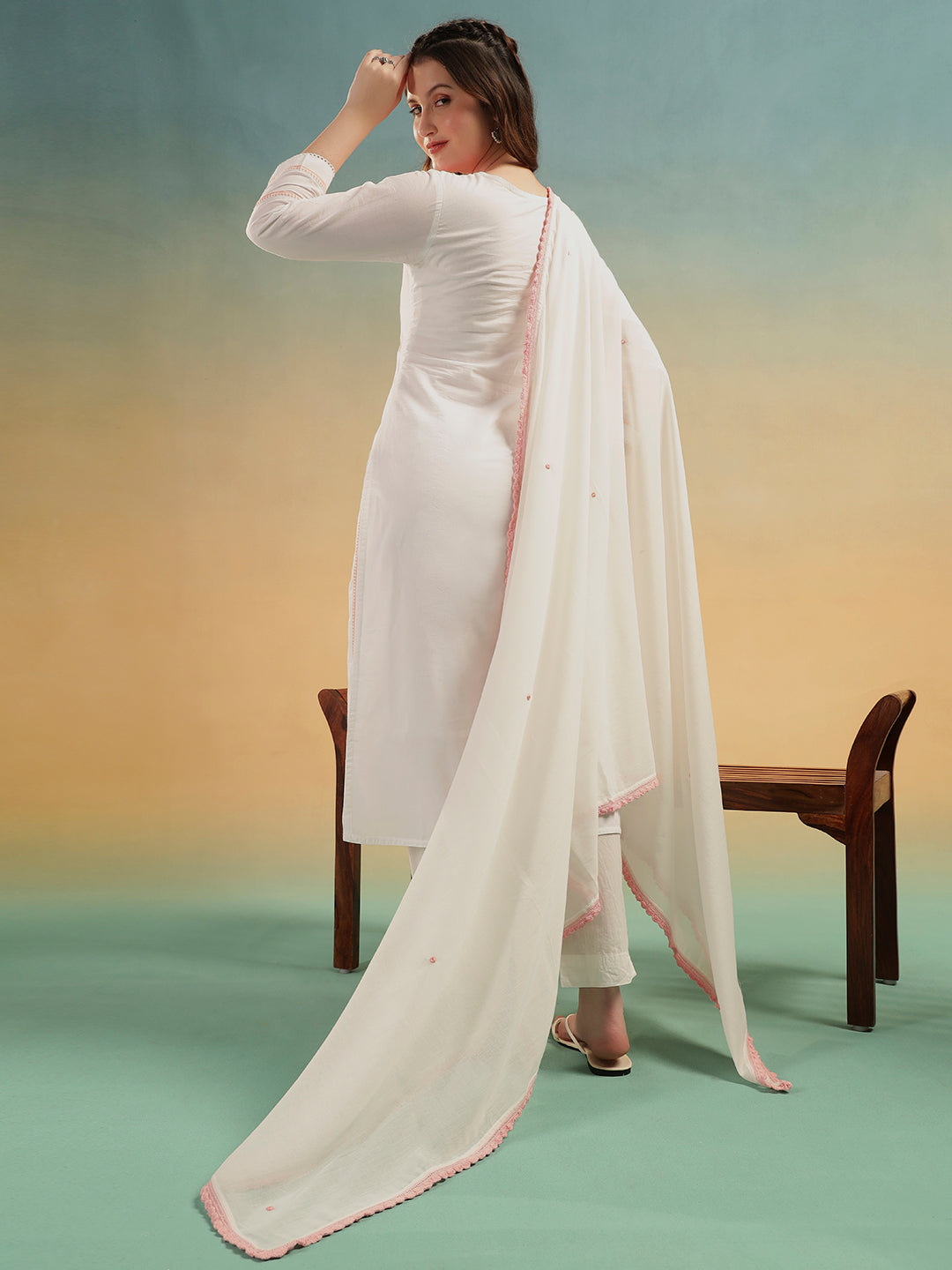 Ivory Lucknowi Embroidered Mulmul Cotton Kurta Pant Dupatta Set