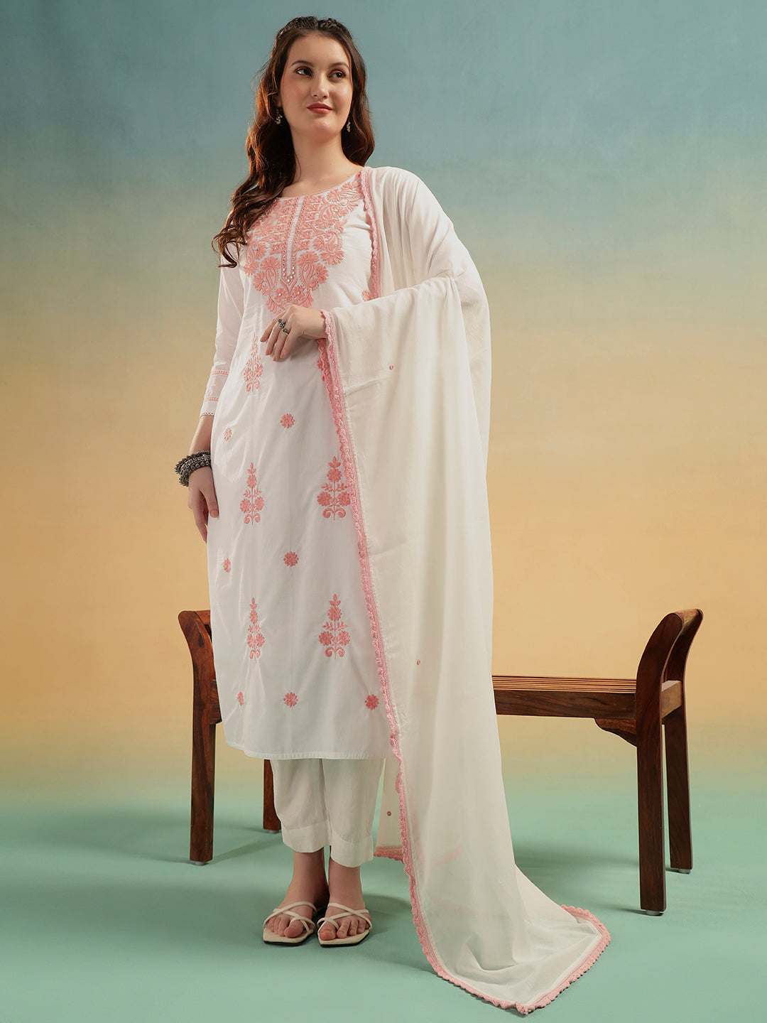 Ivory Lucknowi Embroidered Mulmul Cotton Kurta Pant Dupatta Set
