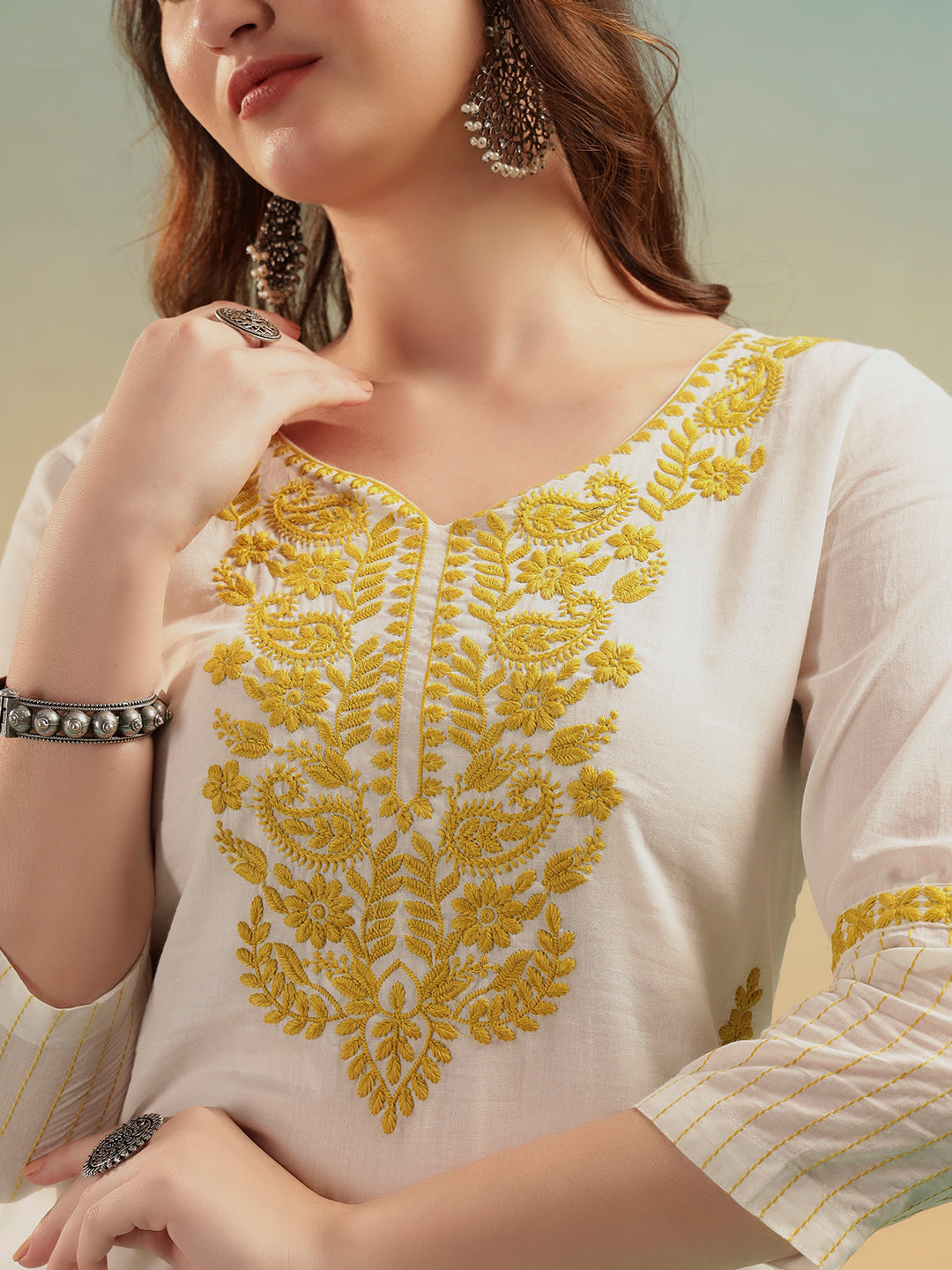 Ivory Lucknowi Embroidered Mulmul Cotton Kurta Pant Dupatta Set