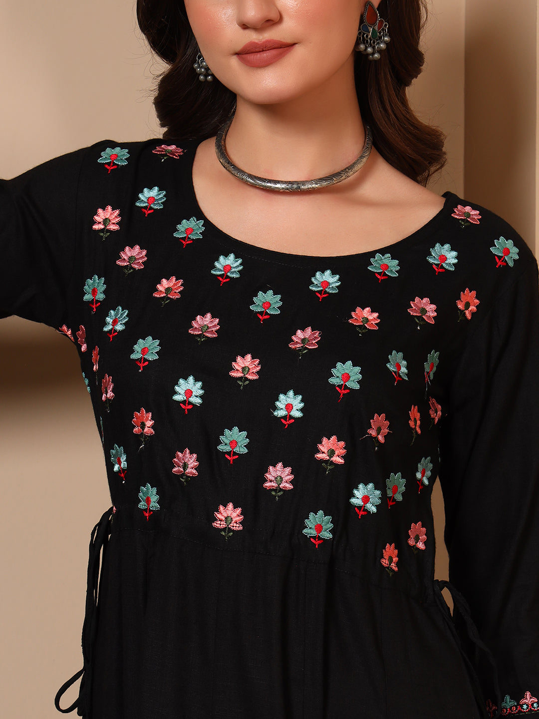 Elegant Black Cotton Embroidered Maxi Dress