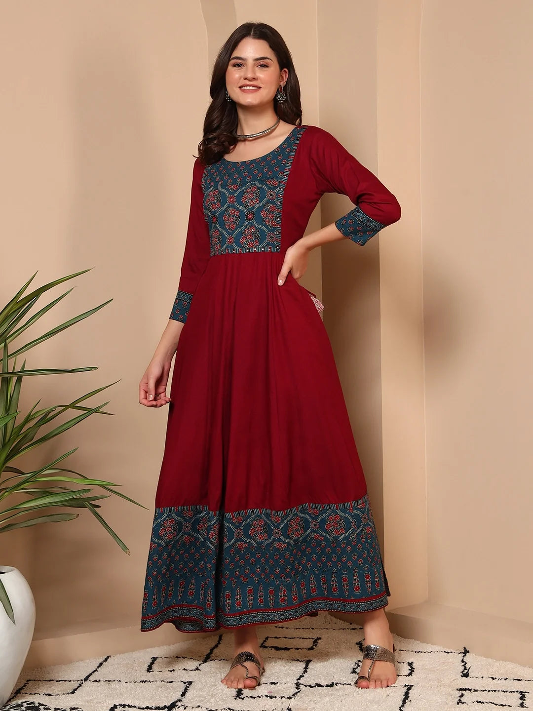 Riwaayat Red Cotton Handwork Maxi Dress