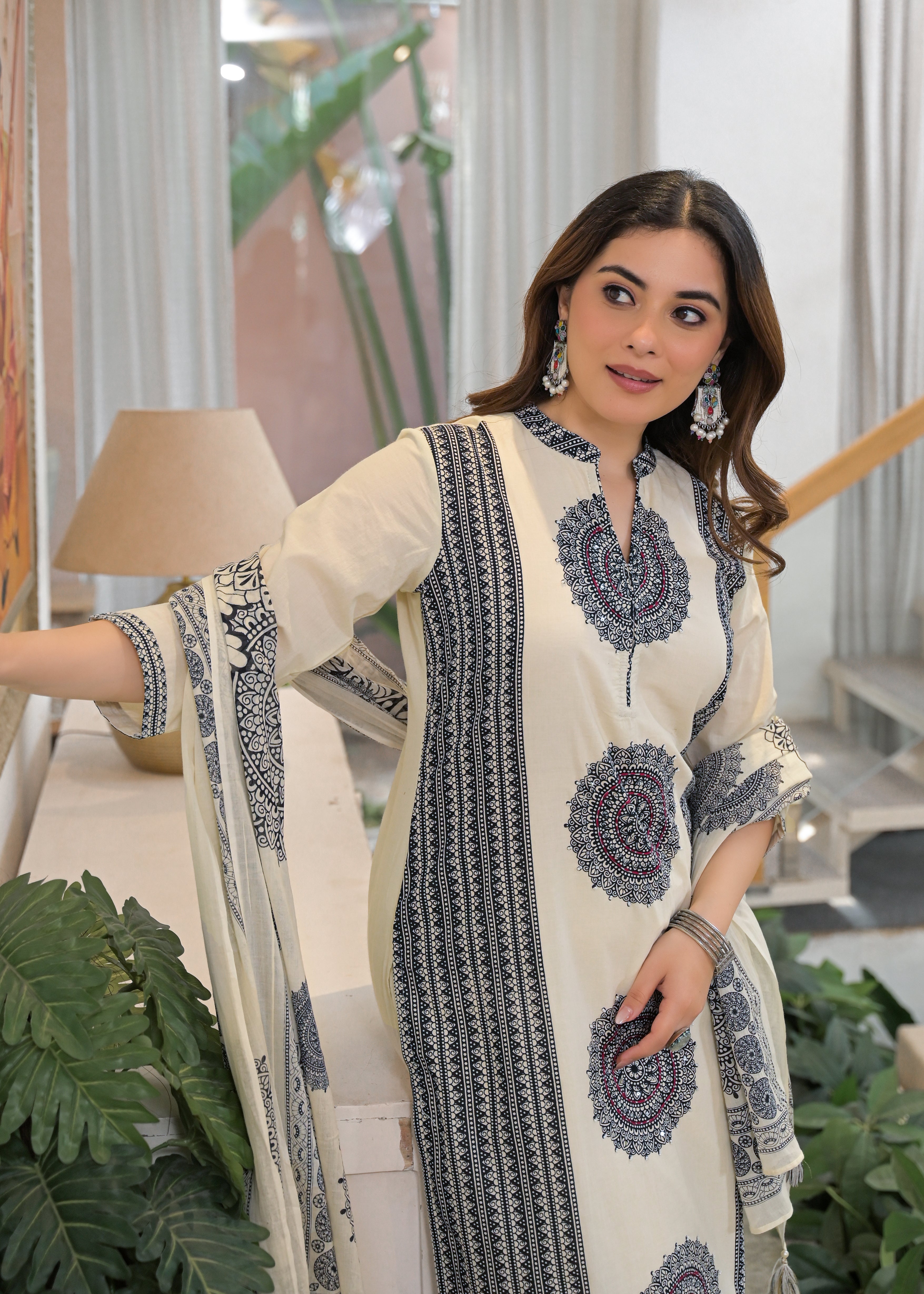 Ivory Mandala Panel Pure Cotton Suit Set with Dupatta