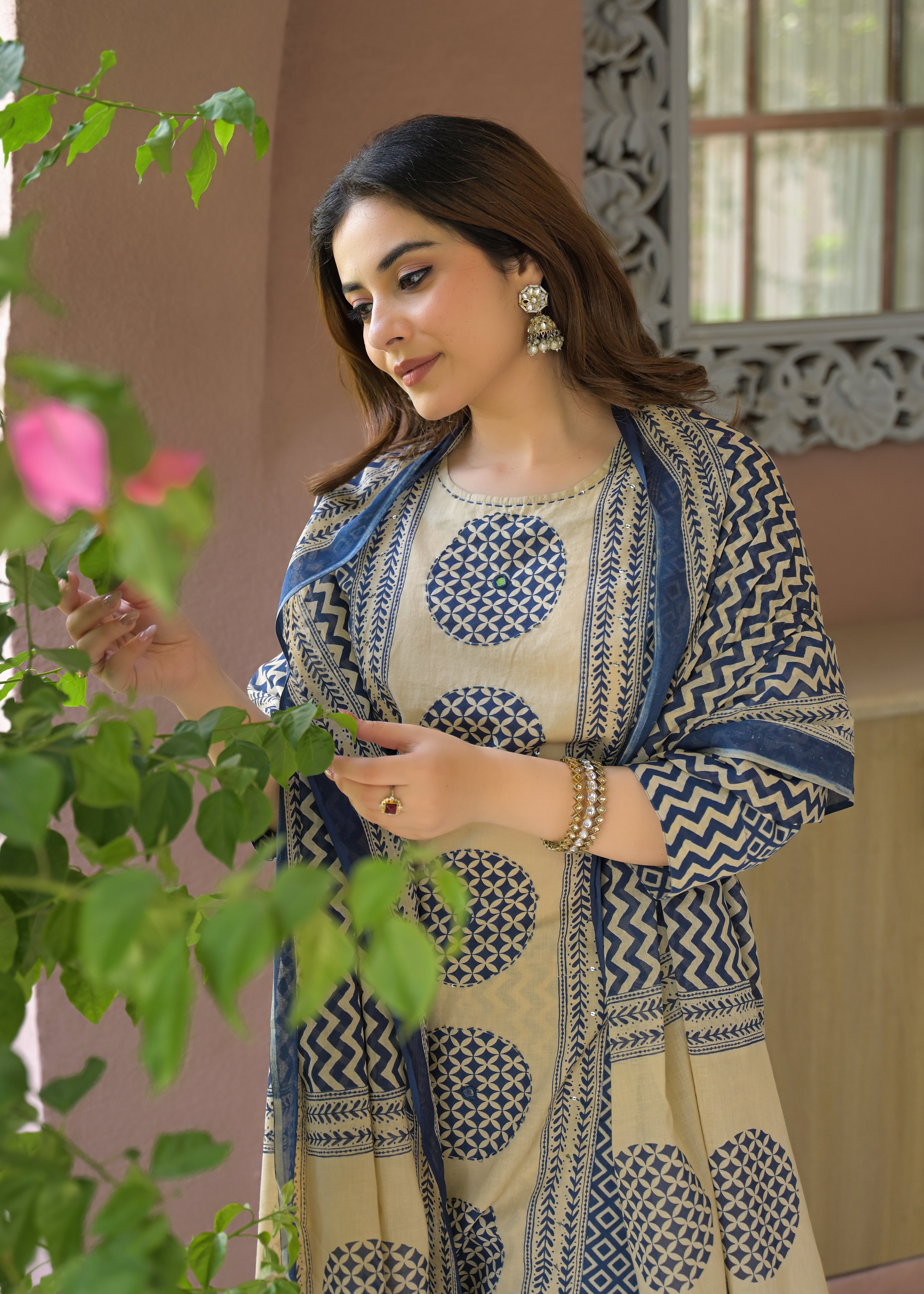 Indigo Charm Printed Cotton Suit Set with Dupatta