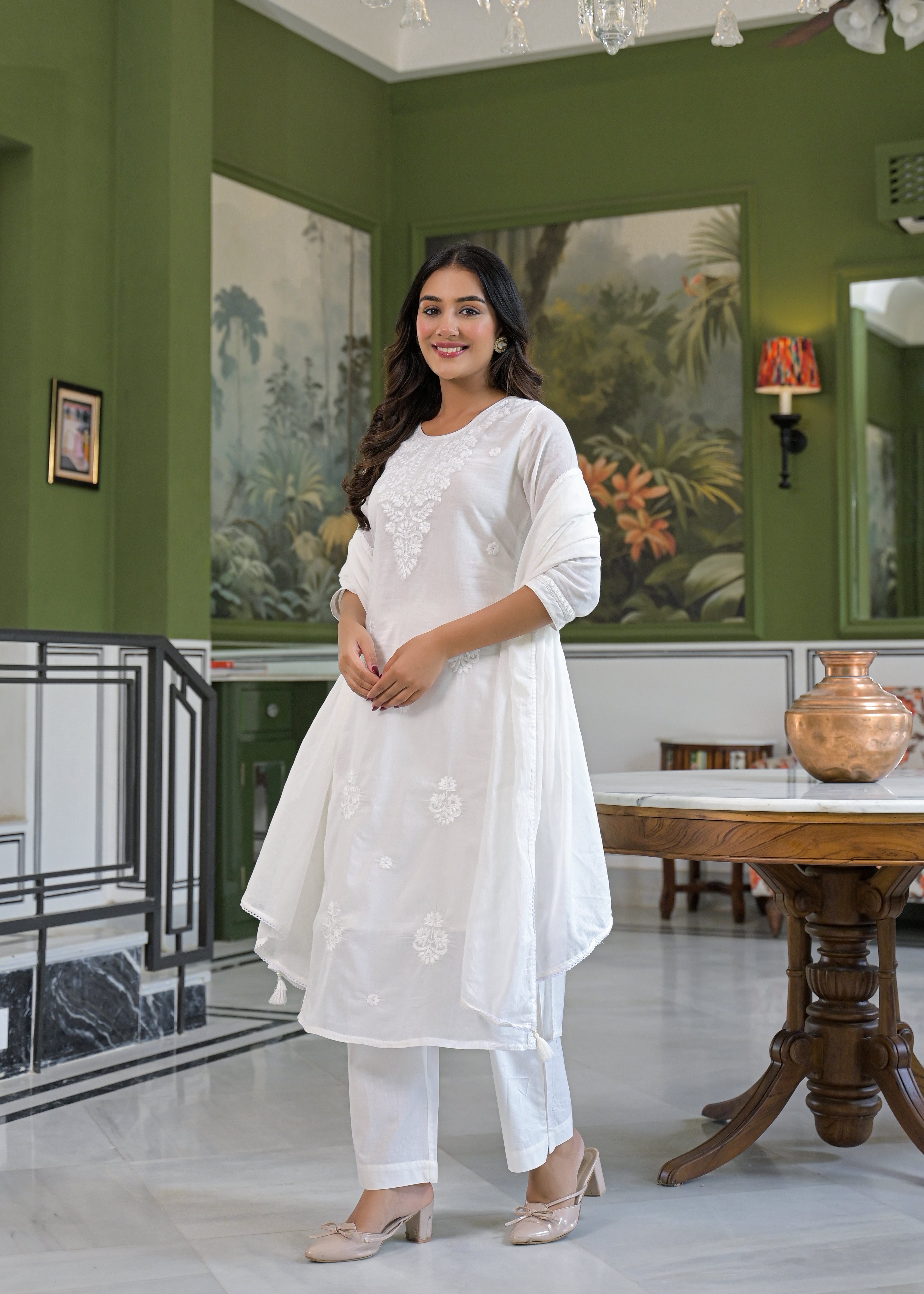 Ivory Lucknowi Embroidered Mulmul Cotton Kurta Pant Dupatta Set-test