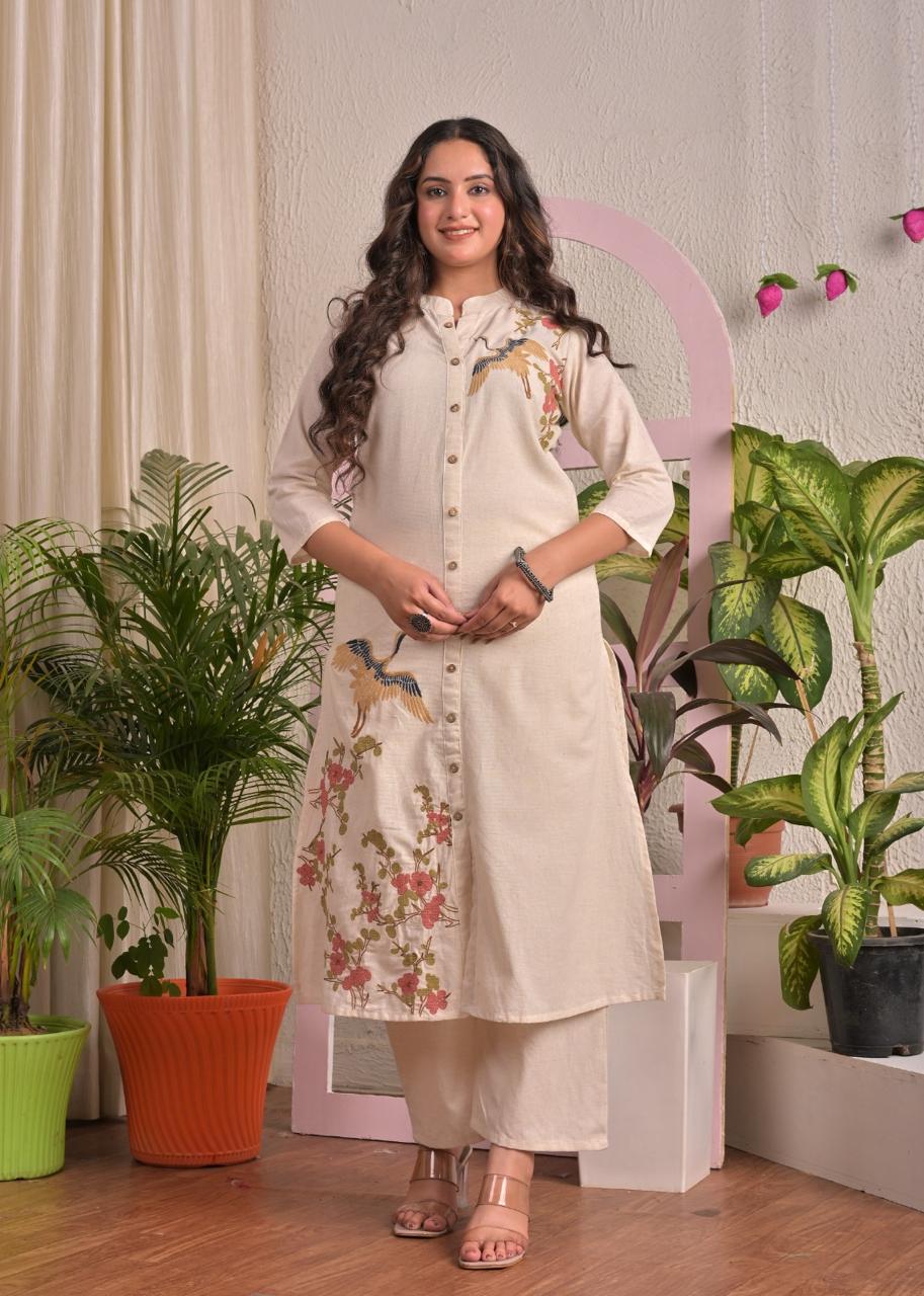 Ivory Crane Cotton Flex Straight Kurta Pant Set