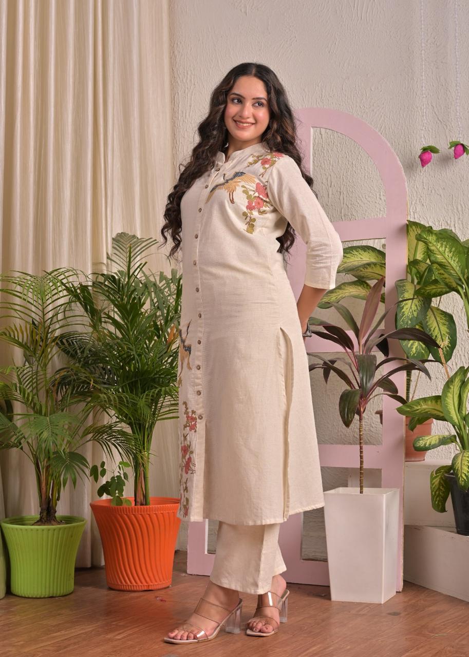 Ivory Crane Cotton Flex Straight Kurta Pant Set