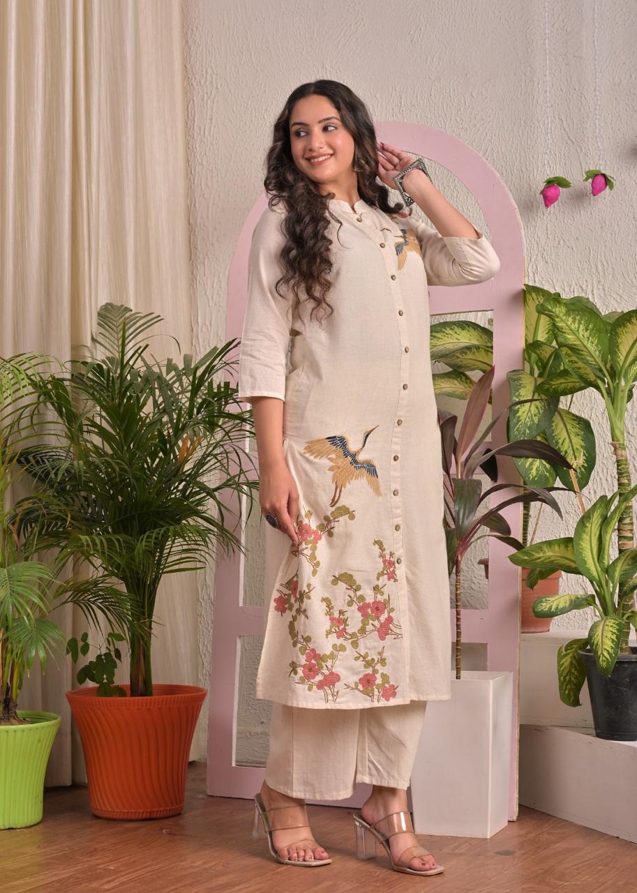 Ivory Crane Cotton Flex Straight Kurta Pant Set