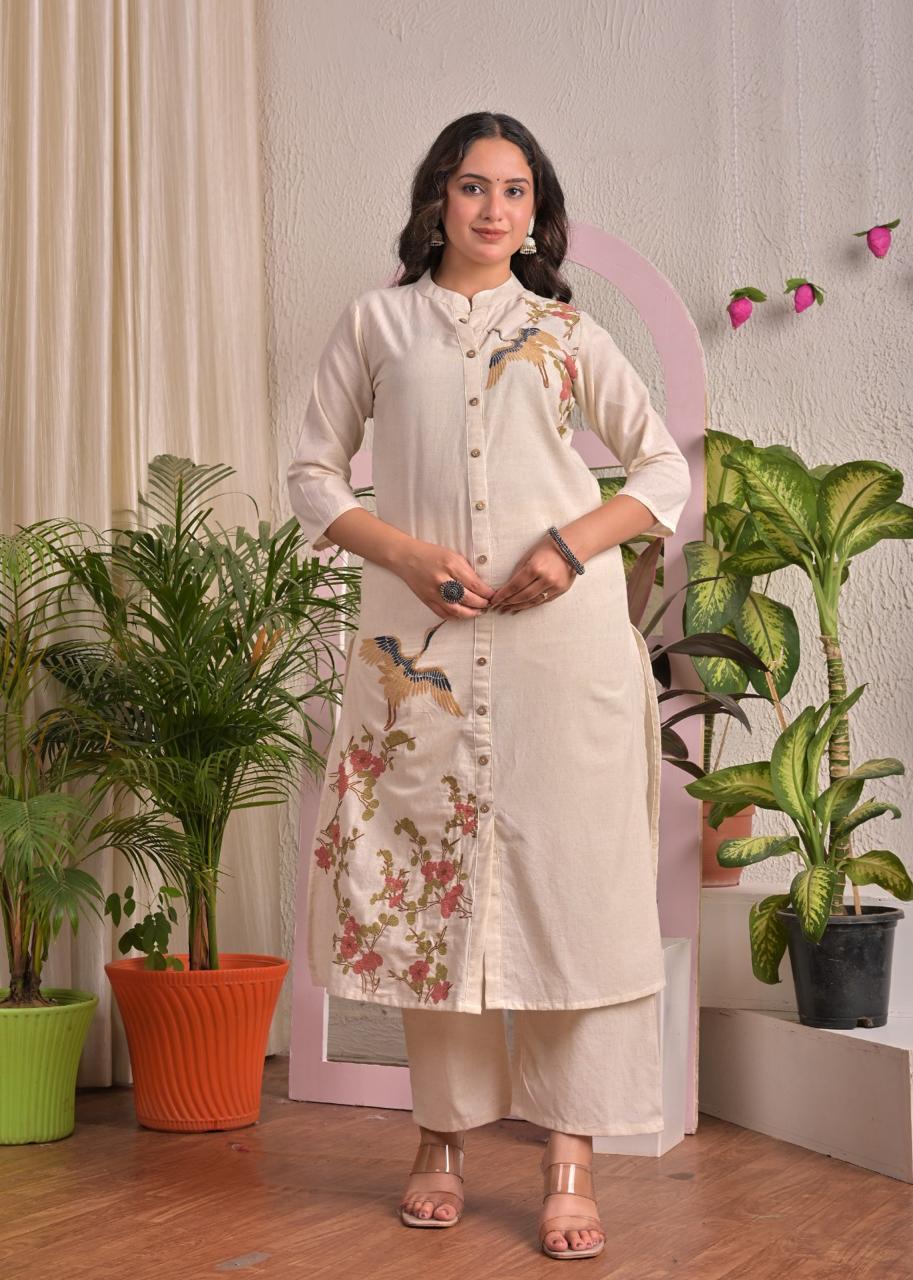 Ivory Crane Cotton Flex Straight Kurta Pant Set
