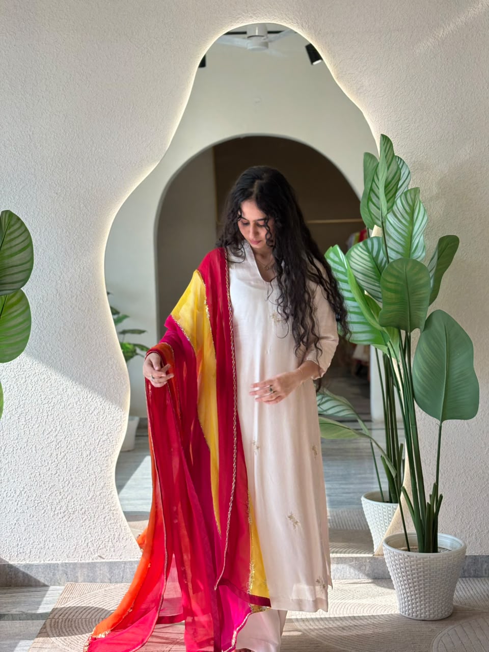 Ivory Kurta with Multicolour Dupatta