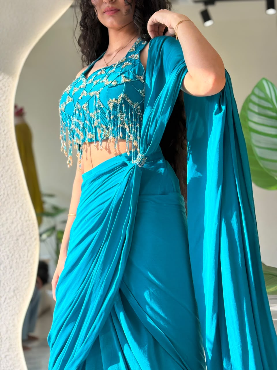Teal Embellished Drape Set