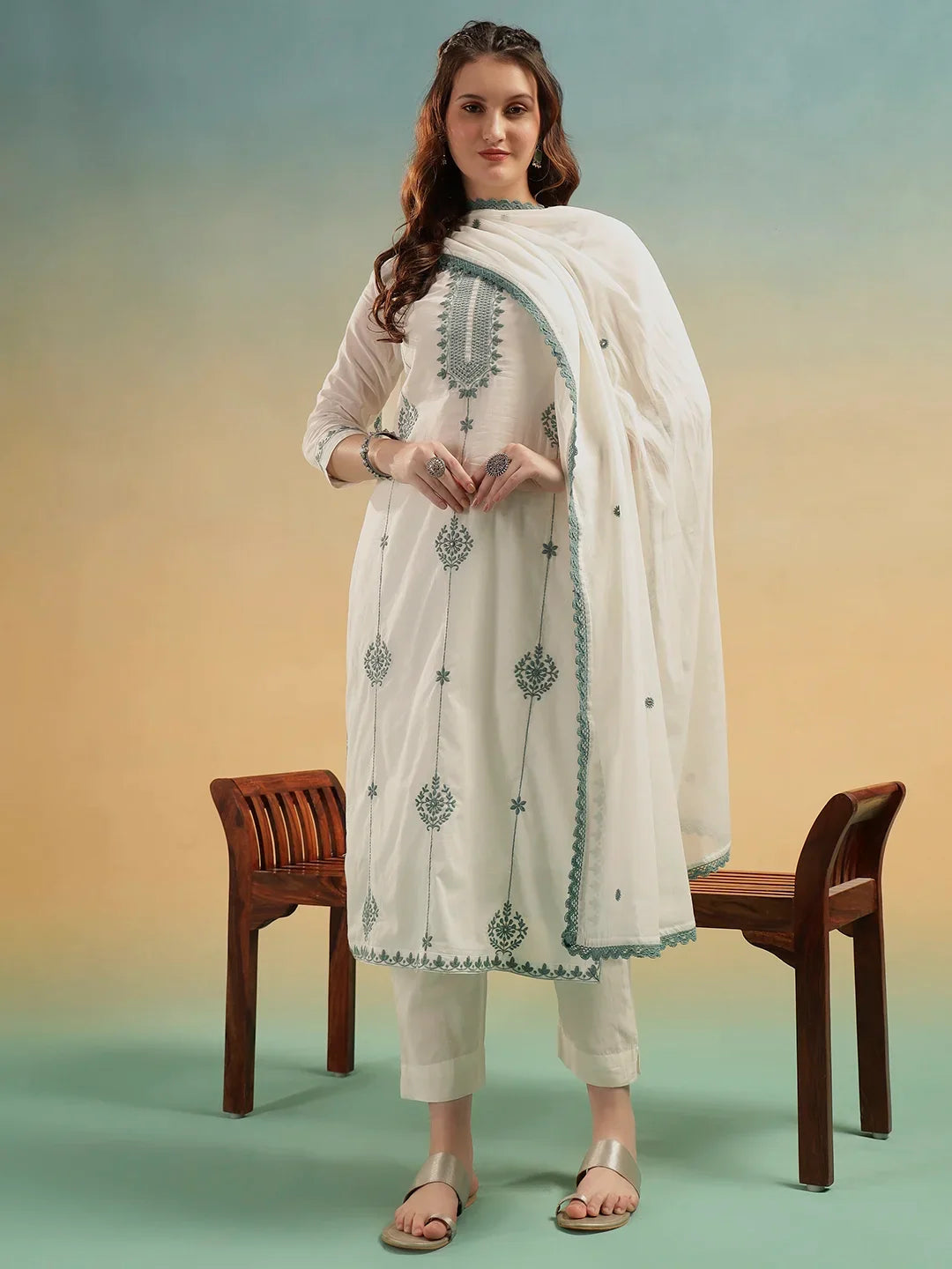 Saanvi Cream Embroidered Cotton Suit Set