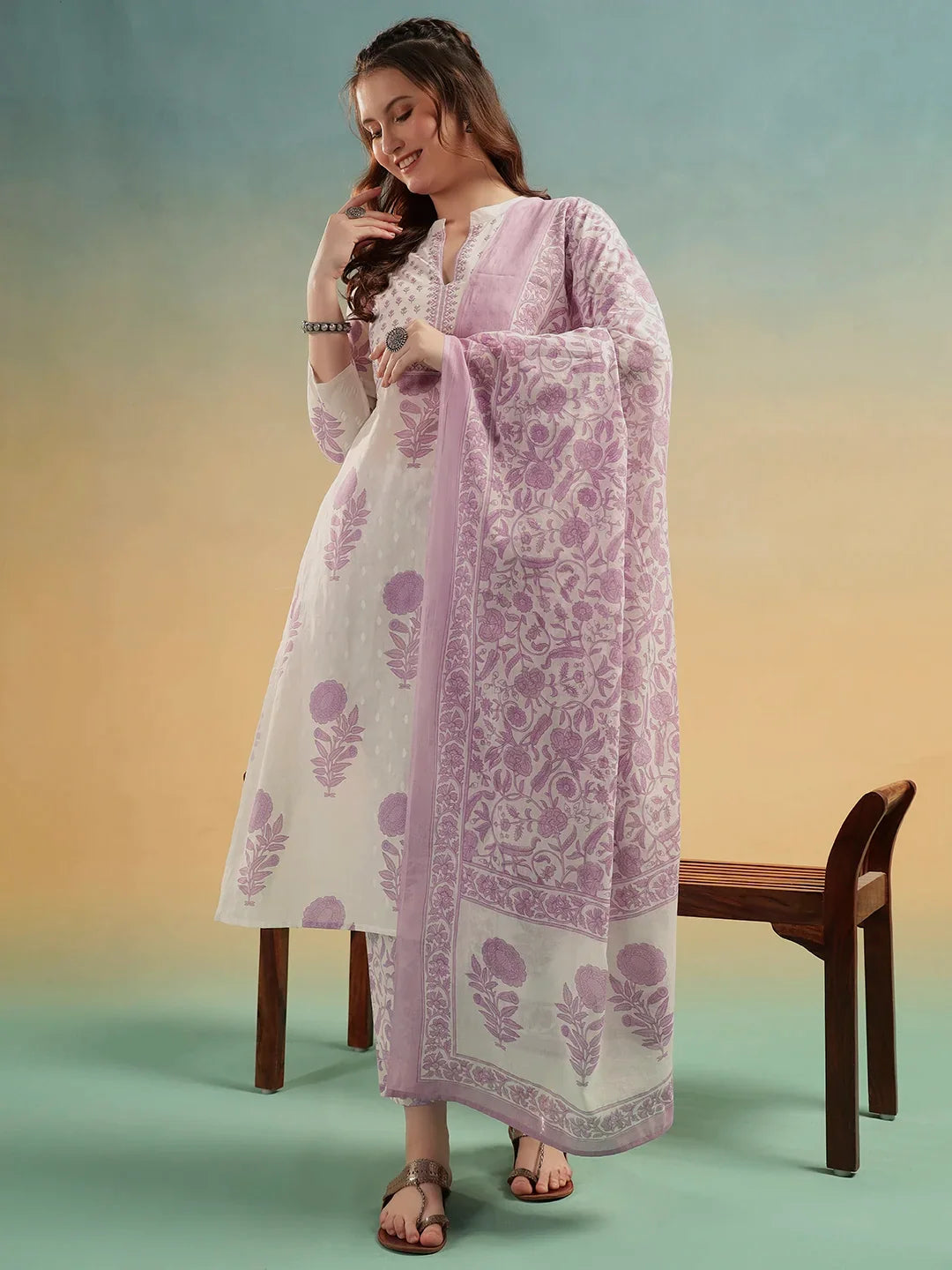 Ivory Blossom Cotton Suit Set – Jaipuri Printed Kurti Pant with Dupatta