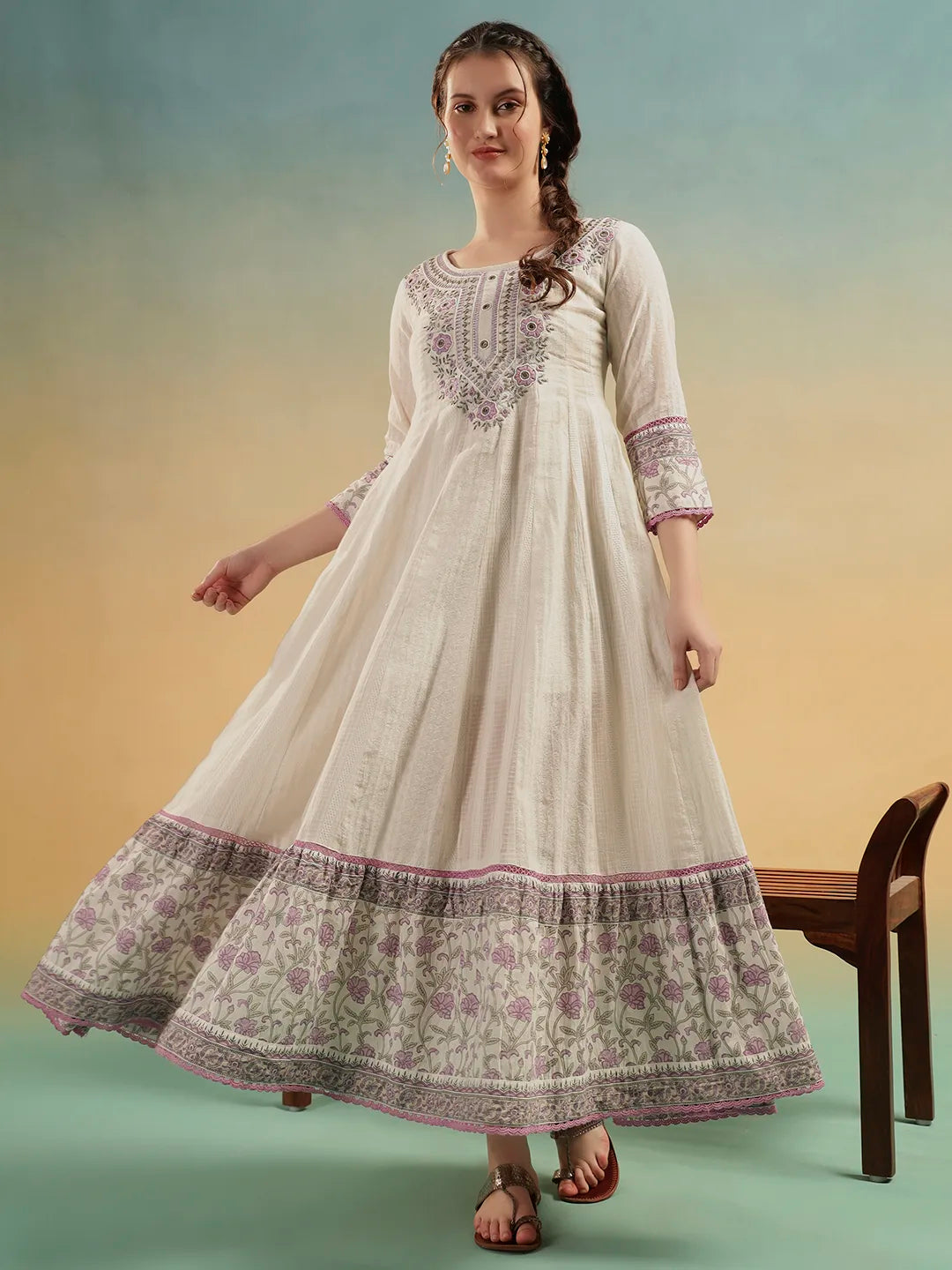 akrati Vastram Ivory Bloom A-Line Cotton Dress