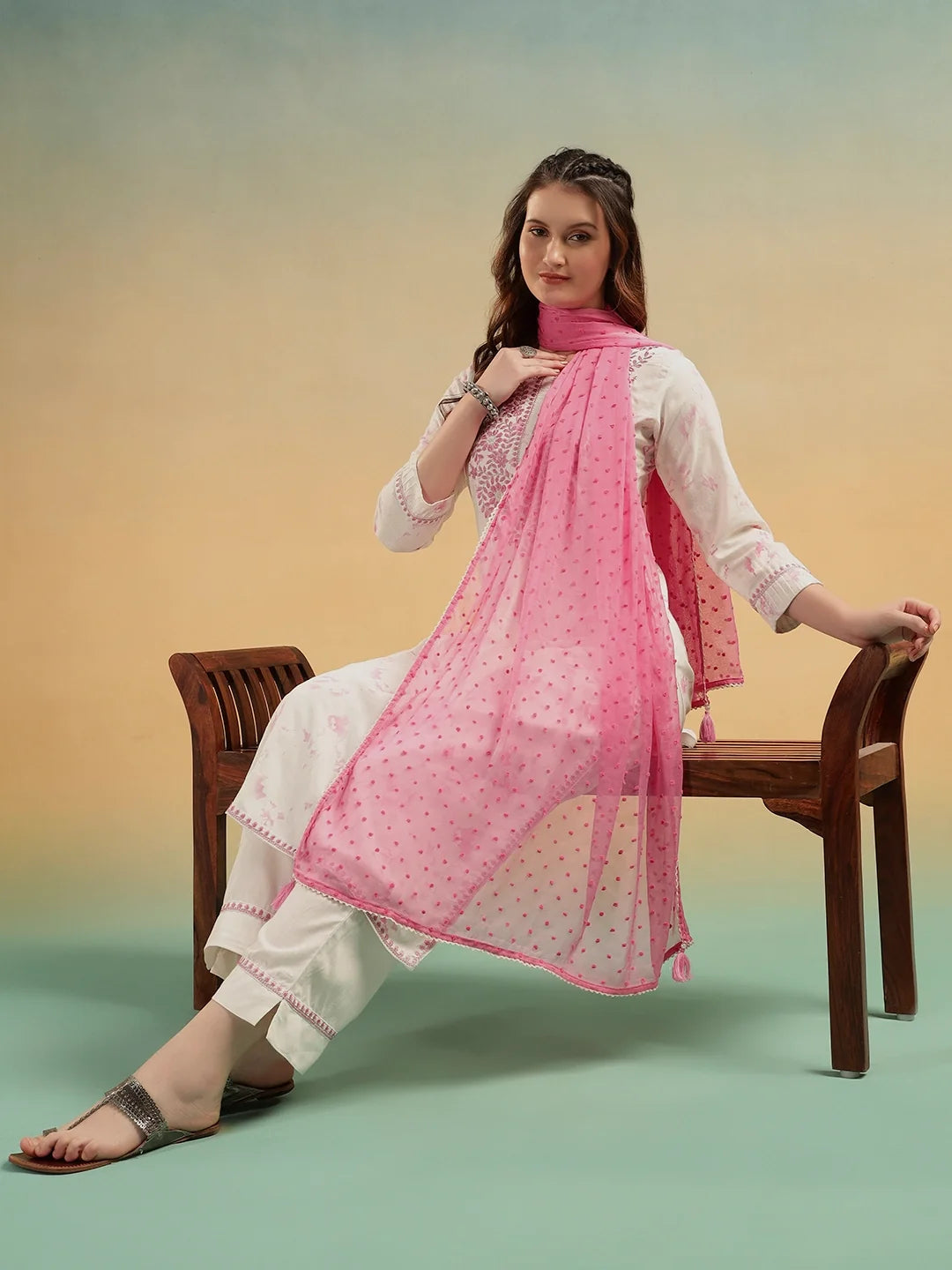 Aafreen Ivory Embroidered Cotton Straight Suit Set