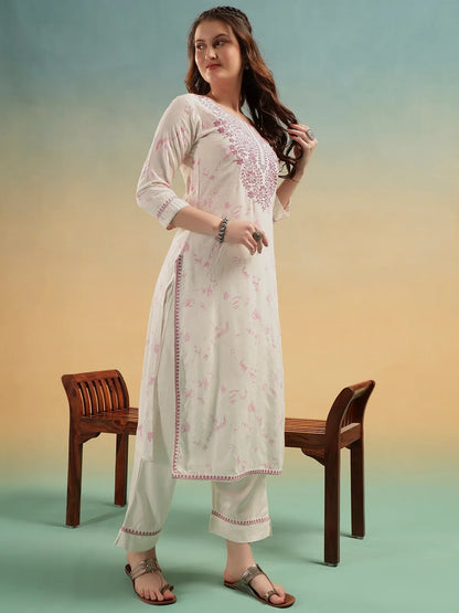 Aafreen Ivory Embroidered Cotton Straight Suit Set