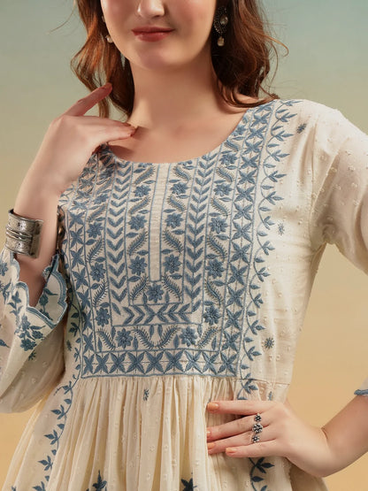 Noor Cream Embroidered Cotton A-Line Suit Set