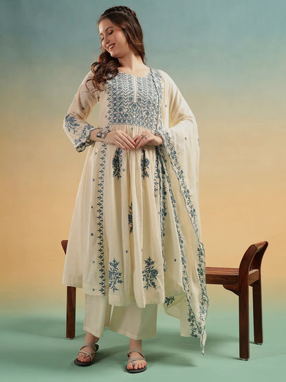 Noor Cream Embroidered Cotton A-Line Suit Set