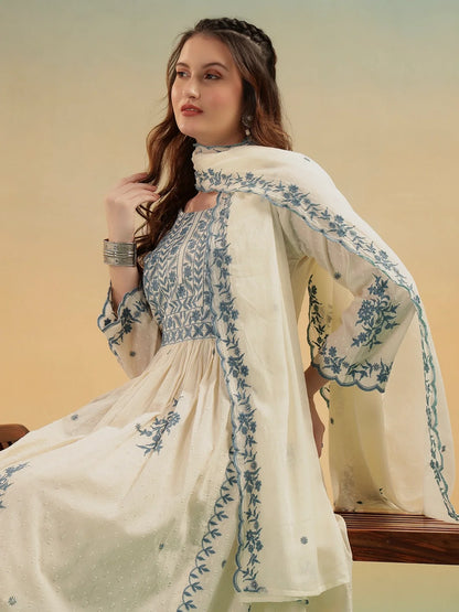 Noor Cream Embroidered Cotton A-Line Suit Set