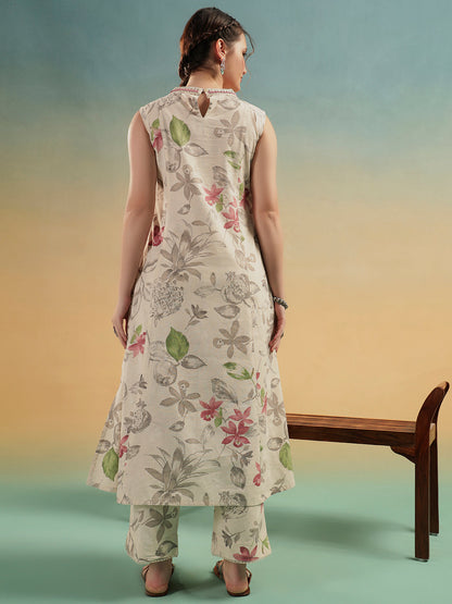 Ivory Floral Cotton Kurta Pant Set