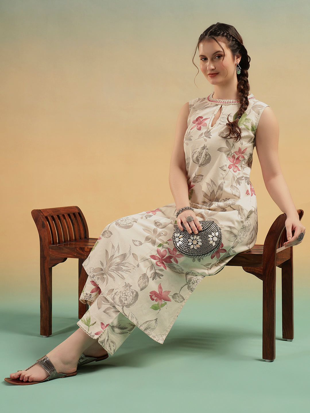 Ivory Floral Cotton Kurta Pant Set