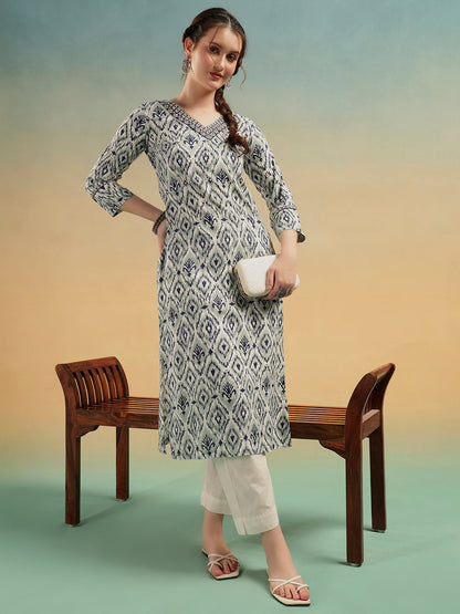 Grey Ikat Print Pure Cotton Straight Kurta