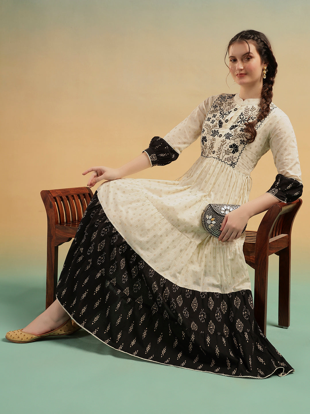 Ivory Embroidered Jaipuri Cotton Tiered Dress
