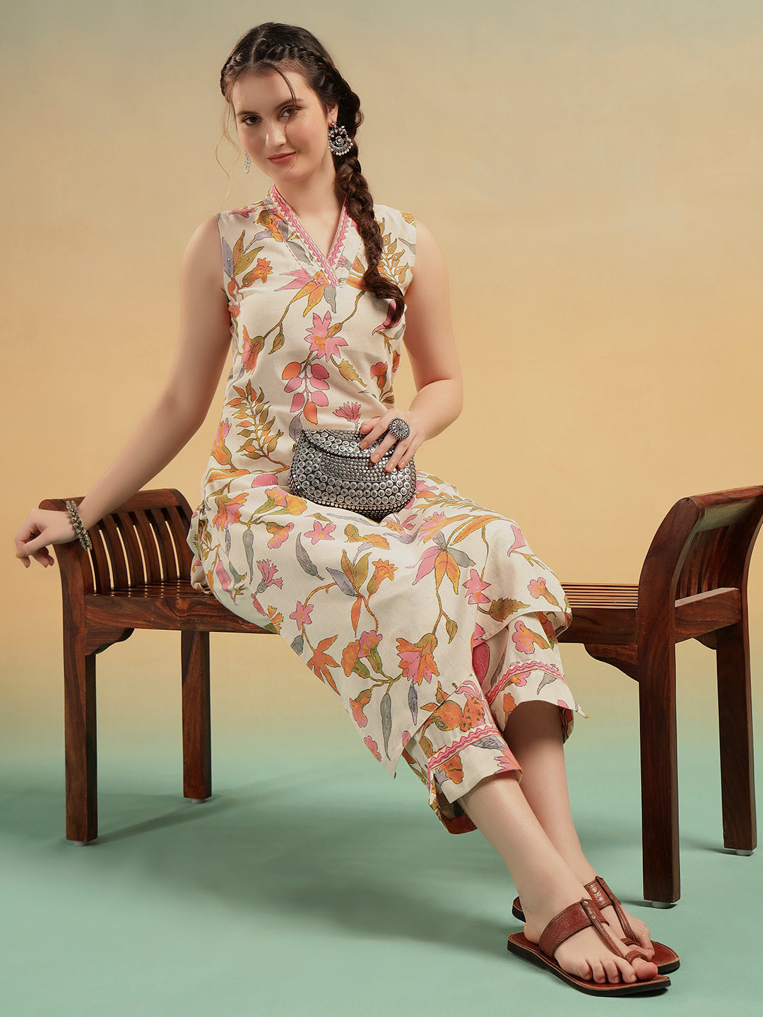 Gulnaar Cream Floral Cotton Kurti Set