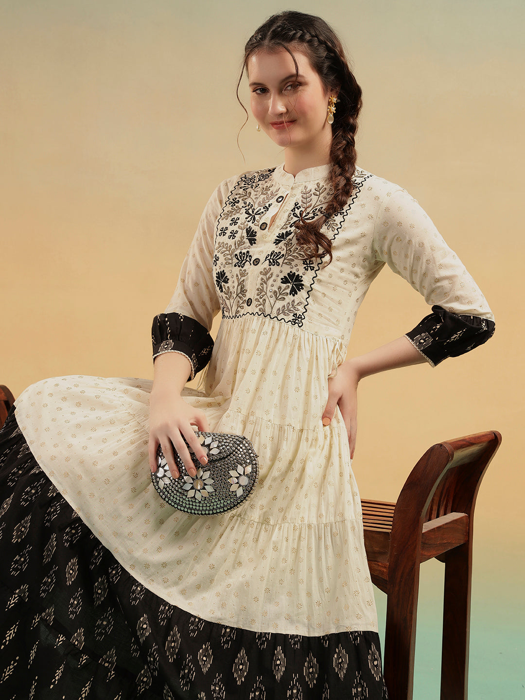 Ivory Embroidered Jaipuri Cotton Tiered Dress