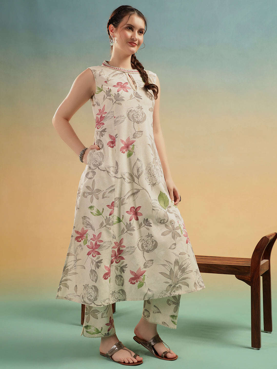 Ivory Floral Cotton Kurta Pant Set