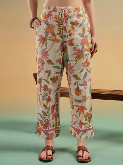 Gulnaar Cream Floral Cotton Kurti Set