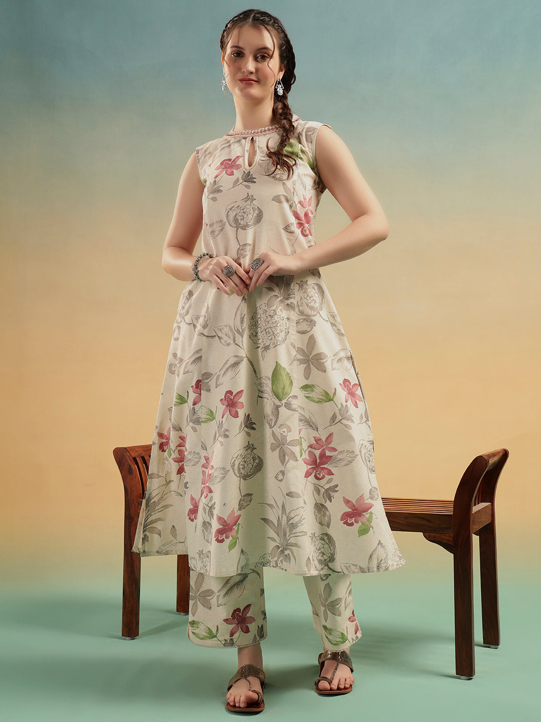 Ivory Floral Cotton Kurta Pant Set