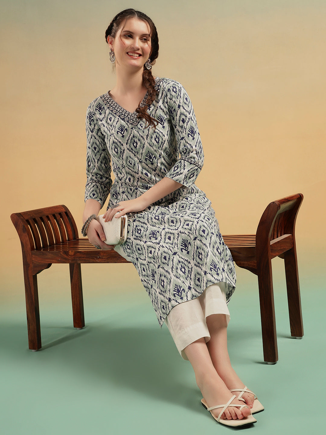 Grey Ikat Print Pure Cotton Straight Kurta