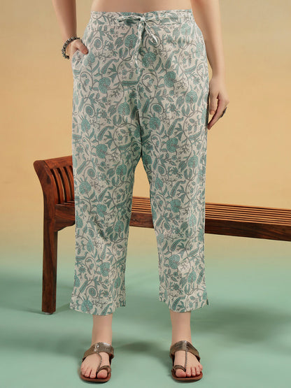 White Sge BlueFloral Print Cotton Kurta Pant Set