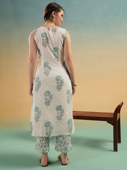 White Sge BlueFloral Print Cotton Kurta Pant Set