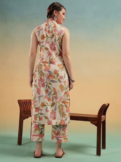 Gulnaar Cream Floral Cotton Kurti Set